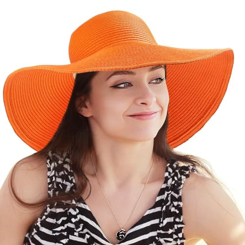 Women's Wide Brim Sun Hat - UV Protection Floppy Straw Sunhat Summer 7 1/4 - color: 005 Orange, Size 58cm, for 22 - 22 7/8" ( 7, 7 1/8, 7 1/4 )