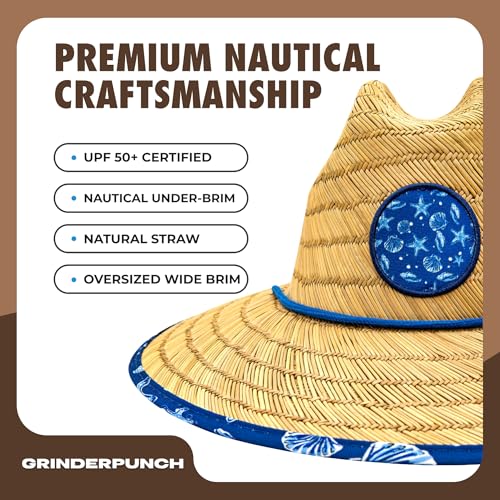 grinderPUNCH Straw Sun Hat for Men Women Wide Brim Beach Fishing UPF 50 - color: Blue Nautical