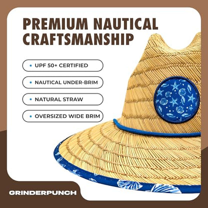 grinderPUNCH Straw Sun Hat for Men Women Wide Brim Beach Fishing UPF 50 - color: Blue Nautical