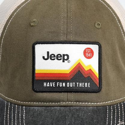 Jeep Have Fun Out There Patch Garment Washed Trucker Hat Unstructured for Men & Women - Adjustable Snapback Baseball Cap - color: Green