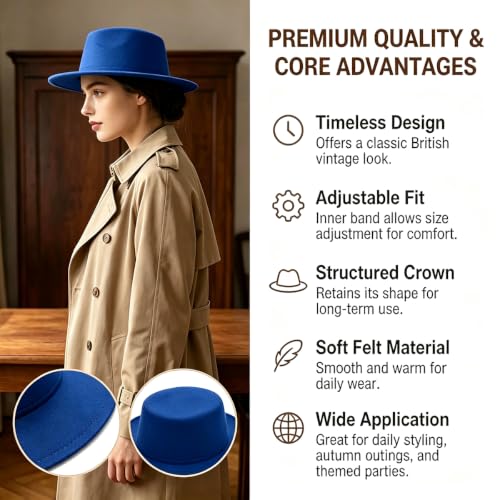 Fedora Flat Hat Classic Wide Brim Cap Panama Style Jazz Hat for Wedding Party Talent Performance Xmas Gift Unisex - color: Blue