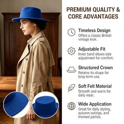 Fedora Flat Hat Classic Wide Brim Cap Panama Style Jazz Hat for Wedding Party Talent Performance Xmas Gift Unisex - color: Blue