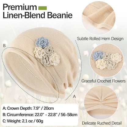 Ababalaya Breathable Cotton Linen Slouchy Beanie Hat for Women - color: Beige
