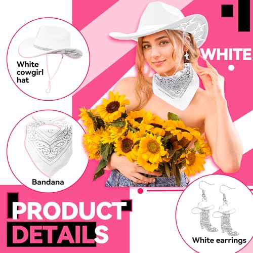 SHENYI Cowgirl Hat and Bandana and Heart Sunglasses Glitter Rhinestone Star Cowboy Hat Western Sparkly Hats for Women Men - color: Cowgirl White