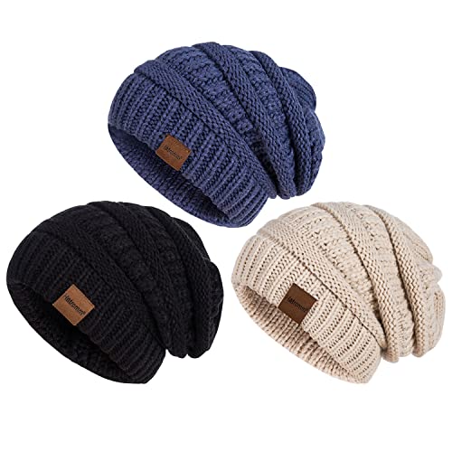 Slouchy Women's Winter 3 Pieces Beanie Hat Women Men Oversized Warm Knitted Women's Hat Winter Thick for Cold Weather - color: Black+oatmeal+denim