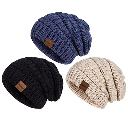Slouchy Women's Winter 3 Pieces Beanie Hat Women Men Oversized Warm Knitted Women's Hat Winter Thick for Cold Weather - color: Black+oatmeal+denim
