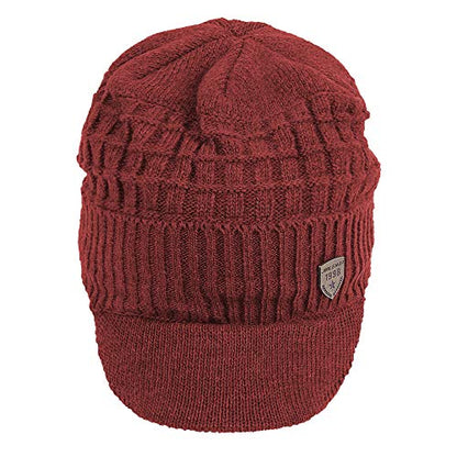 Original One Winter Wool Knitted Chunky Visor Beanie Hat with Brim Fur Lined Peaked Ski Cap - color: Red