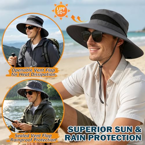 Men's UPF 50+ Waterproof Wide Brim Boonie Hat, Sun & Rain Protection - color: Dark Grey