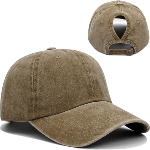 Women Washed Baseball Cap Vintage Blank Hat with Ponytail Hole - color: Khaki