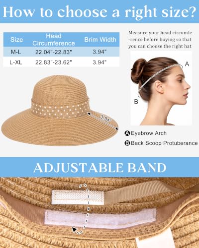 Sun Beach Straw Hats for Women, Summer Wide Brim Hat - color: Light Khaki, size: Large