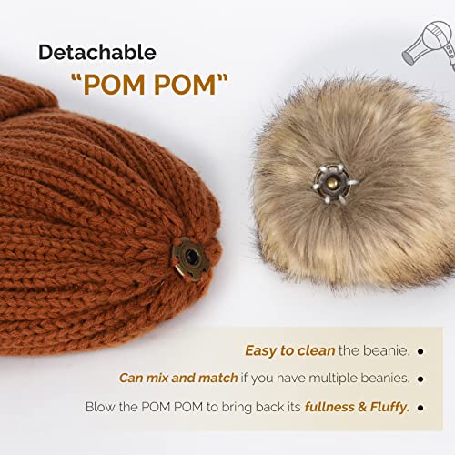 FURTALK Womens Winter Knitted Beanie Hat with Faux Fur Pom Warm Knit Skull Cap Beanie for Women - color: Dark Orange