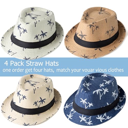 4 Pack Short Brim Straw Fedora Summer Beach Sun Hat Men - color: 4 Pcs Set C