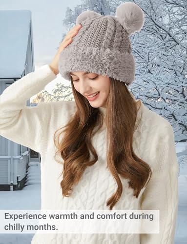 FEOYA Womens Knit Winter Beanie Hat with Faux Fur Pompom Fuzzy Cute Knit Fleece Lined Skull Cap - color: Grey