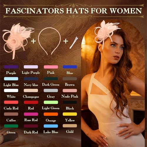 AMCAMI Fascinators Hats with Feather for Women 2026 Derby Hats Small Tea Party Hat with Headband - color: Champagne-3