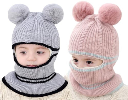 Toddler Winter Hat Baby Balaclava 2 in 1,Fleece Lined Knitted Beanie with Face Mask, Ear Flaps & Pom Pom for Boys Girls - color: Bear-pink+grey