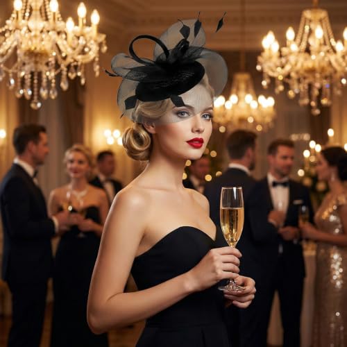 tiggell Fascinators Tea Party Hat for Women, Fascinator with Pillbox Hat - color: Black