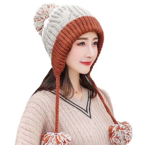 HUAMULAN Women Winter Sherpa Knit Beanie Hat Fleece Lined Ear Flaps - color: Reddish Brown and Khaki