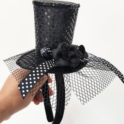 WLBON Halloween Mini Top Hat Headband 1920s Flower Sequins Hair Hoops Bands Fascinator Headpiece Hairband Women Christmas Holiday Festival Parade Cosplay Dress Up Birthday Tea Party Accessories Black - color: Black