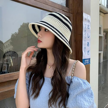 Gogobear Summer Straw Sun Hat for Women Outdoor Striped Beach Bucket Hat - color: White
