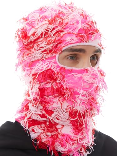ROXUN Distressed Ski Mask Balaclava, Yeat Shiesty Fluffy Knitted Full Face - color: 01- Pink Mixed