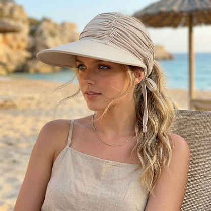 KXF Sun Visors Hat for Women Wide Brim Beach Hat Foldable Visor Hat Cap Ponytail Summer Packable UPF 50+ Adjustable Stretchy - color: Khaki