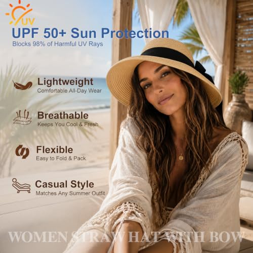 Surblue Women's Beach Straw Hat, Wide Brim Sun Hat with Black Bow - color: Khaki