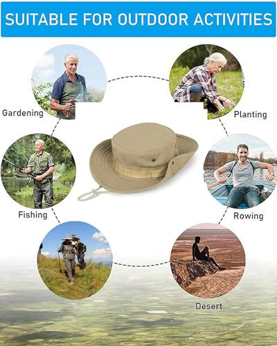 Cotton Fishing Bucket Hat Men Women Sun UV Protection Wind Chin Strap - color: Khaki - Wide Band