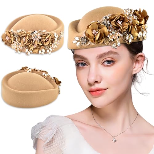 Women's Retro Stewardess Felt Hat, British Berets, Rhinestone Flower Decor, Ladies' Church Derby Hat - color: Khaki