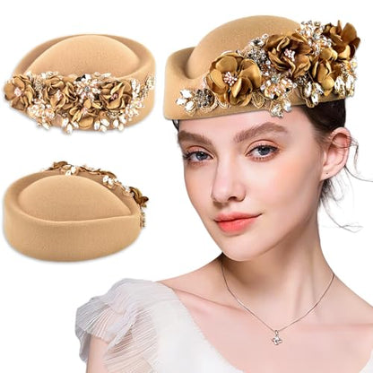 Women's Retro Stewardess Felt Hat, British Berets, Rhinestone Flower Decor, Ladies' Church Derby Hat - color: Khaki