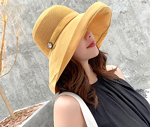 Women Wide Brim Sun Hats Metal Wired Edge Summer UV Protection Beach Fishing Hat for Hiking Garden Travel Chin Strap - color: B5-fyu001-yellow, size: One Size