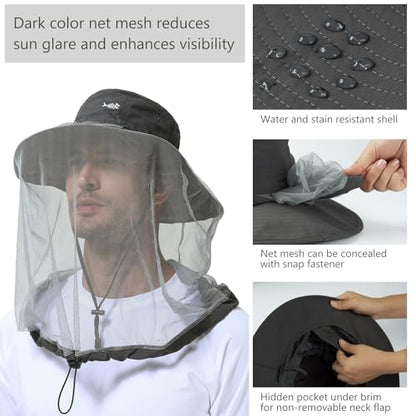 BASSDASH UPF 50+ Mosquito Sun Hat with Hidden Head Net and Neck Flap for Men Women Outdoor Fishing Hiking Camping - color: Dark Grey