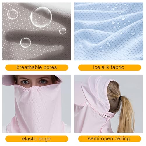 Women Wide Brim Face Mask Sun Hat Detachable Neck Face Flap Ponytail UV Protection Visor Hat Garden Fishing Hiking - color: Bg8094-pink