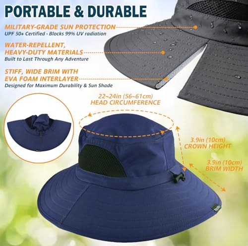 Wide Brim Sun Bucket Hat, Waterproof Boonie Hat for Men & Women - color: 01 Navy Blue