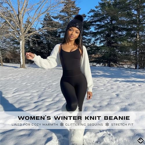 Funky Junque Women's Sequin Pom Beanies – Soft Knit Sparkly Bling Winter Hats for Women, Faux Fur Pom Glitter Sparkle Hat - color: Smooth Sequin - Black