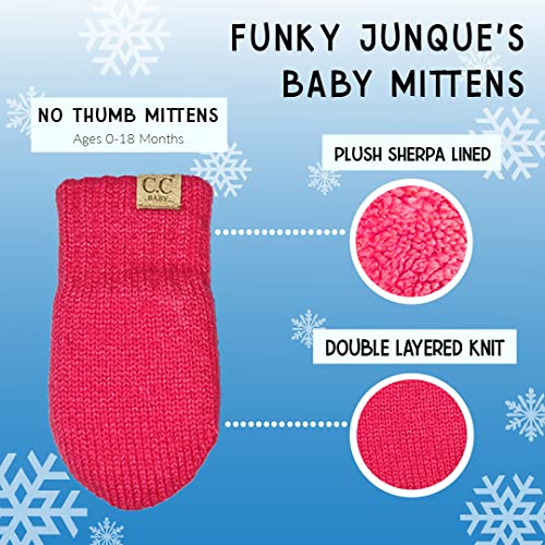 Funky Junque Baby Double Faux Fur Pom Pom Beanie & Mittens Set – Newborn Infant 0–9 Months Winter Hat with Soft Lined Mittens - color: Candy Pink (0-9 Months)
