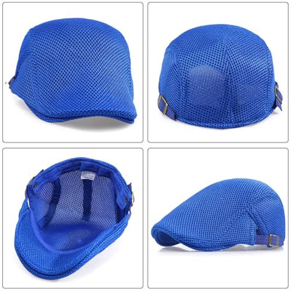Xinveen Men's Mesh Cap Breathable Summer Newsboy Hat Adjustable Beret Ivy Cap Irish Cabbie Driving Hunting Hats - color: Royal Blue