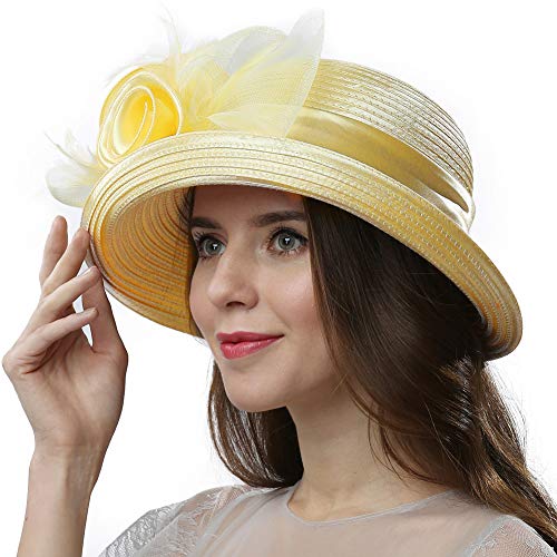 Women Vintage Roll Brim Bowler Cloche Hat for Derby Day, Church, Wedding, Party, Formal Occasion - color: Champagne Gold