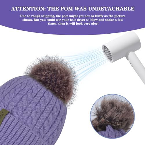 FENELY Women's Knitted Warm Beanie Winter Hat, Warm Chunky Snow Hat with Pompom - color: Purple