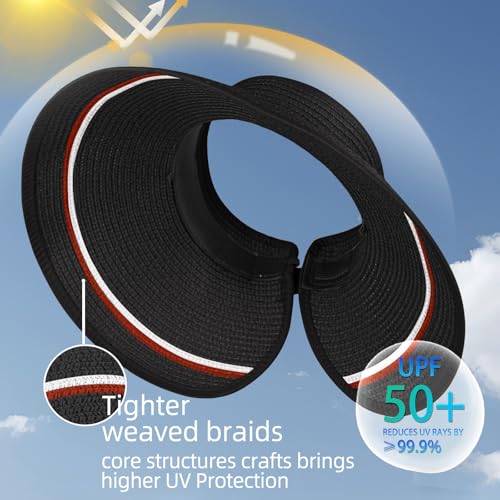 Women's Sun Visor Hats Wide Brim Straw Beach Hat Ponytail Hats for Women Foldable Floppy - color: 1pack-black/Redstripe