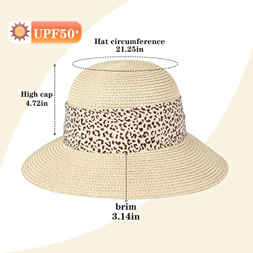 Womens Straw Sun Hat Summer Beach Wide Brim UV Protection Hats with Chin Strap Floppy Foldable Cute Bowknot UPF 50 Cap - color: Leopard Beige