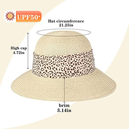 Womens Straw Sun Hat Summer Beach Wide Brim UV Protection Hats with Chin Strap Floppy Foldable Cute Bowknot UPF 50 Cap - color: Leopard Beige