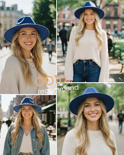 Men & Women Wide Brim Fedora Hat with Chain Buckle - color: Chain Belt-royal Blue