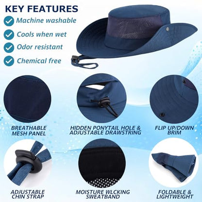 Cooling Sun Bucket Hat, UPF 50+ Wide Brim Boonie Hat with Ponytail Hole - color: 01 Navy Blue