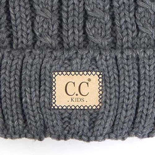 C.C Kids' Suede Patch Snuggly Soft Warm Knit Pom Cuff Beanie - color: Cable Knit Faux Fur, Light Melange Gray