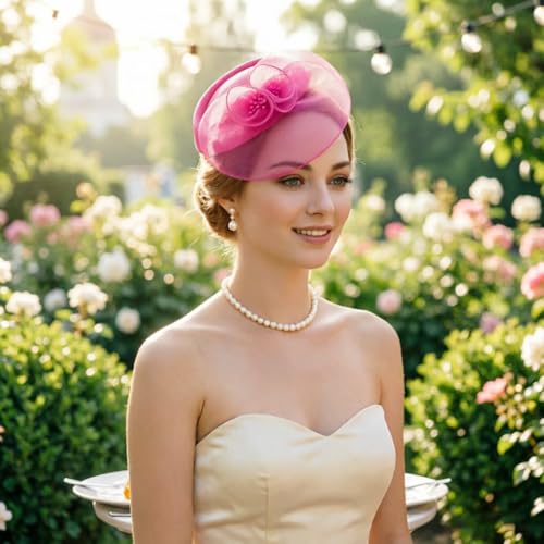 DRESHOW Fascinator Hats for Women Cocktail Tea Party Hat Netted Pillbox Hat Vintage Derby Hats for Bridal Wedding - color: Pillbox Hat: Rose Pink