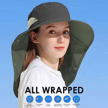 Outdoor Sun Hat Detachable Neck Face Flap UPF 50+UV Protection Visor Fishing Hats with Neck Flap for Men & Women - color: Dark Grey