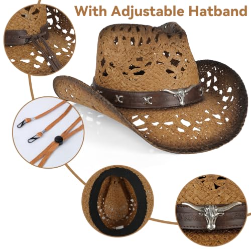WQWOVRVO Cowboy Hat,Cowgirl Hat,Straw Cowboy Hats for Women/Men Wide with Shapeable Brim - color: Brown&caramel Color