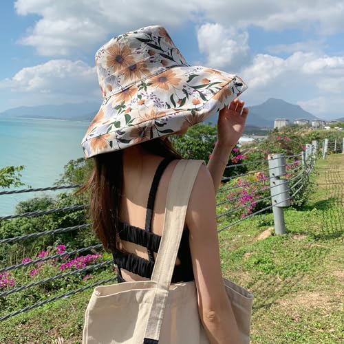 Women Bohemian Reversible Sun Hat Wide Brim Fishing Hats - color: Khaki Boho Print