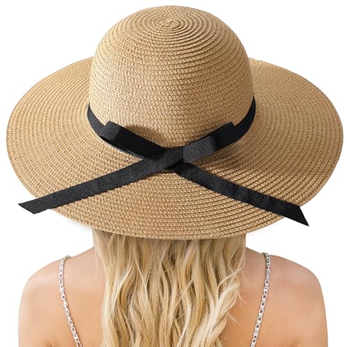 Beach Sun Hats for Women, Straw Hat for Women, Women’s Sun Hat UPF 50+ - color: Khaki+thin Ribbon