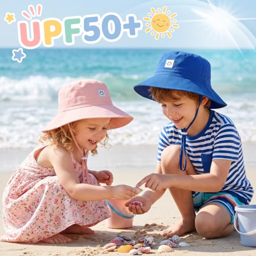 Kids Sun Hat Smile Face Bucket Hat Toddler Hat Wide Brim Adjustable Strap - color: Blue+pink, size: 3-8T